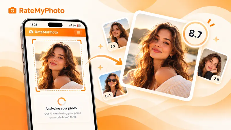 RateMyPhoto app analyzing a portrait photo and rating it 8.7 out of 10