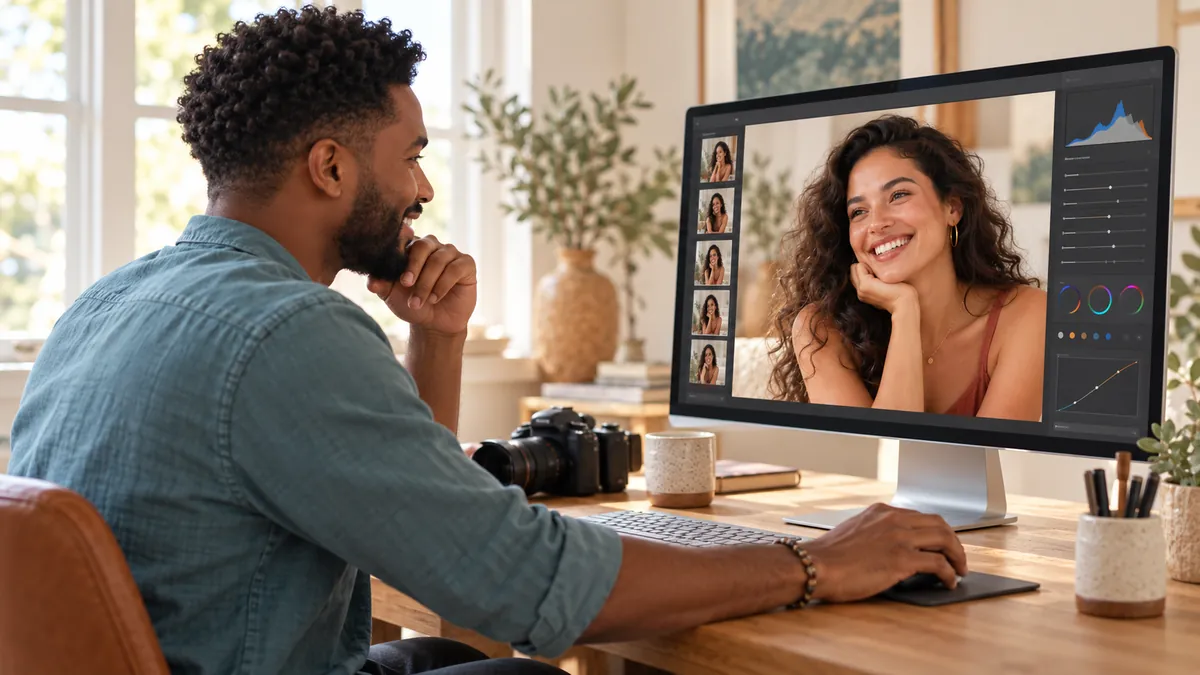 Photographer refining a portrait in photo-editing software